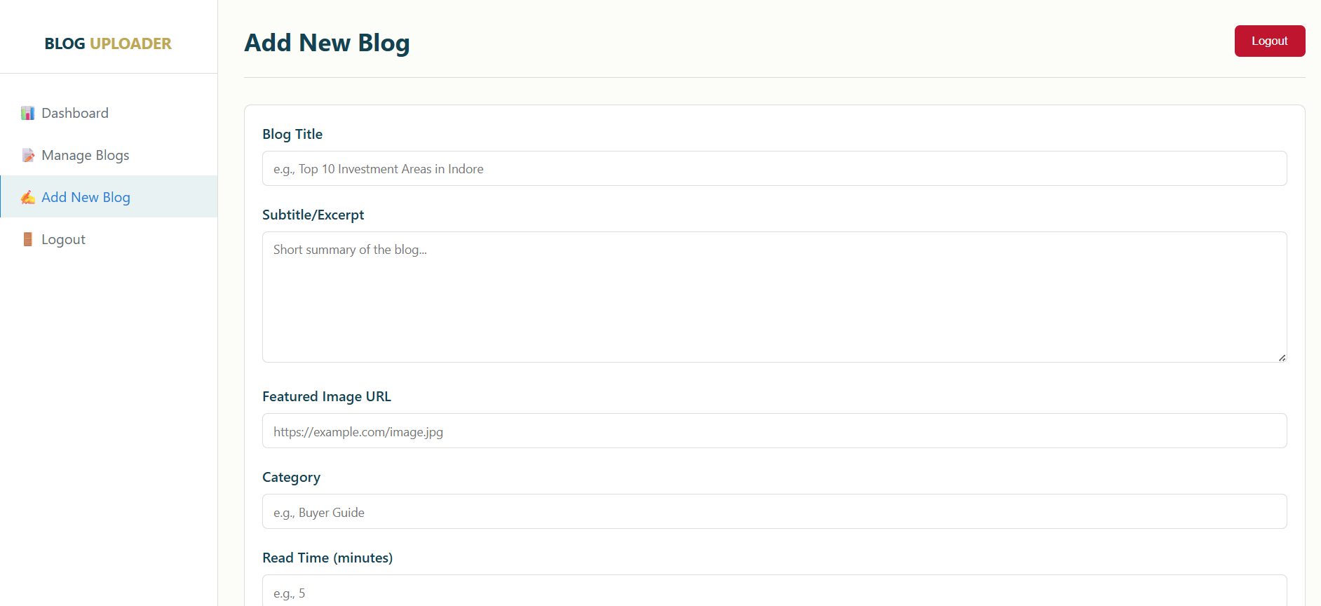 Free JavaScript Blog Uploader Admin Dashboard JavaScript Blog Management System UI Blog CRUD Dashboard using JavaScript JavaScript Blog Admin Panel Project